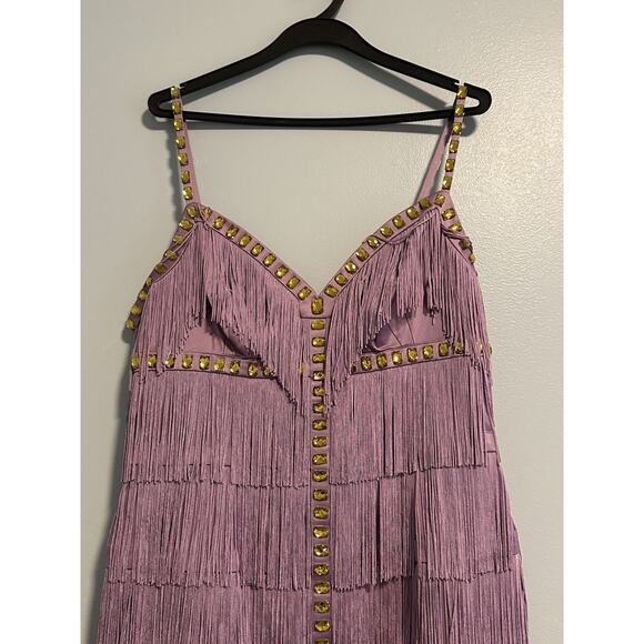 Mandalay 14 Dress Fringe Studded Gems Designer Bodycon Midi Purple VTG Flapper - Picture 3 of 11